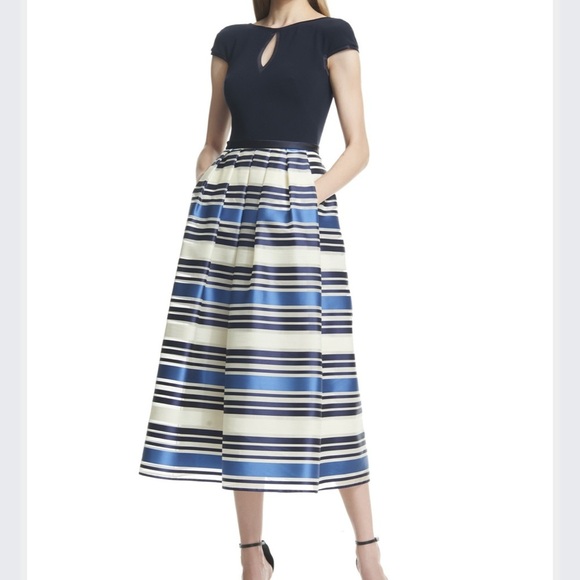 Theia Jacquard Nautical Stripe Midi Dress Blue Cap Sleeve V Back - Picture 1 of 12